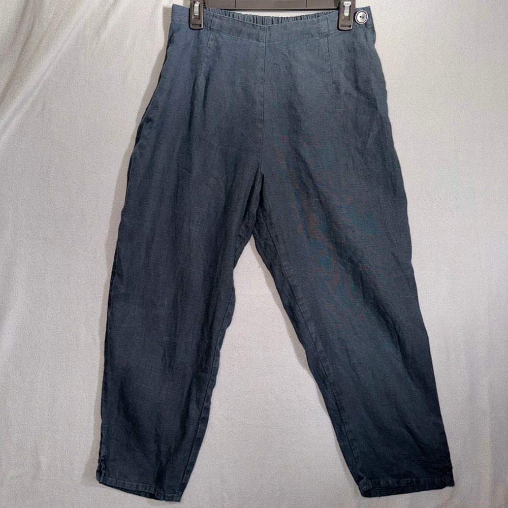 FLAX S Black 100% Linen Tapered Crop Pants Lagenlook Coastal Grandma Minimalist